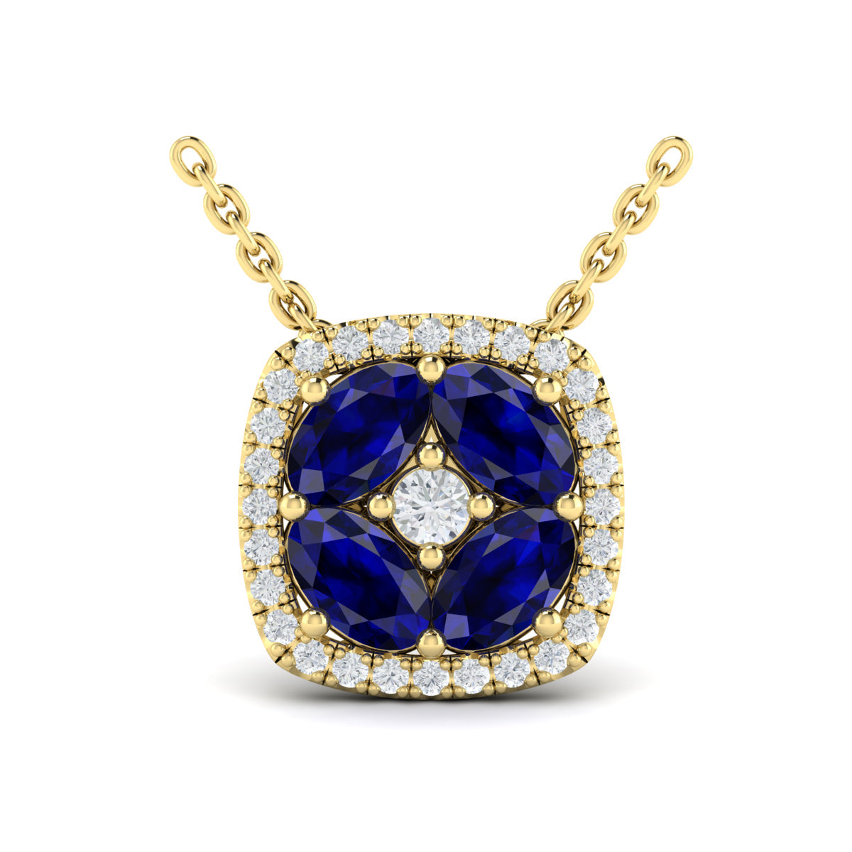 Diamond Cushion Halo and Multi Oval Sapphire with Center Diamond Necklace