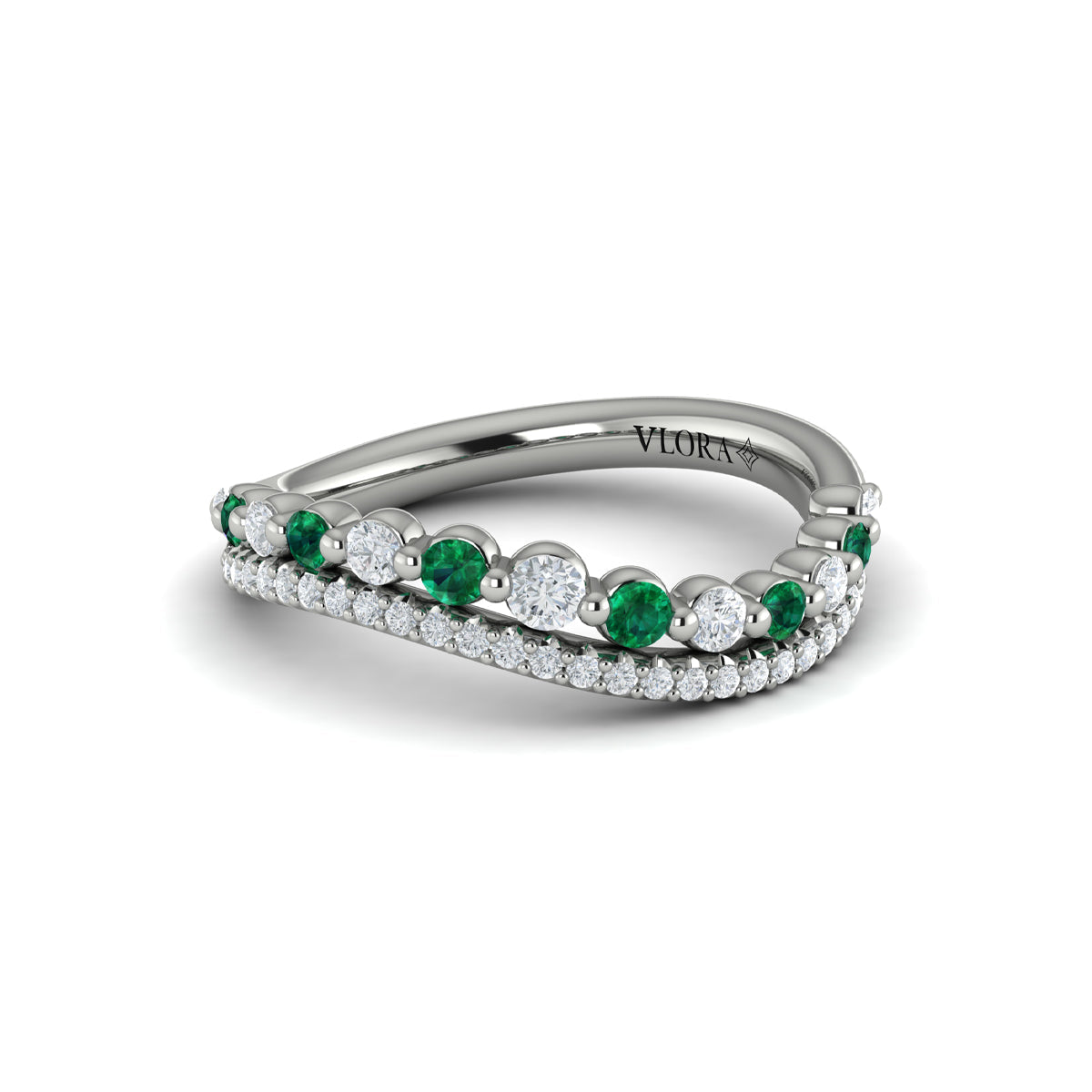 Diamond and Emerald Two Row Curved Ring