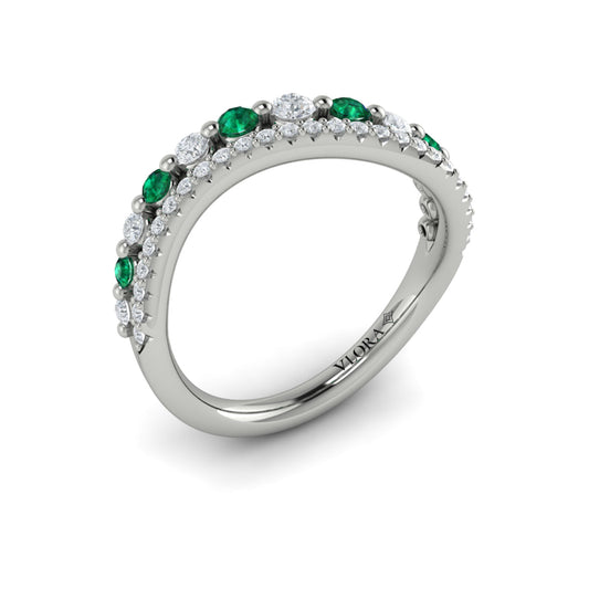Diamond and Emerald Two Row Curved Ring
