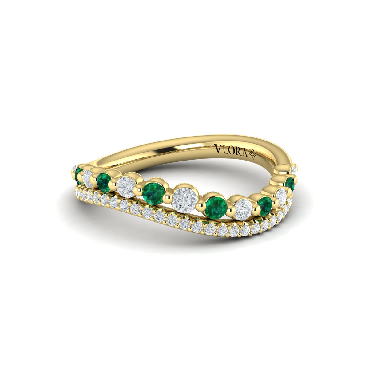 Diamond and Emerald Two Row Curved Ring