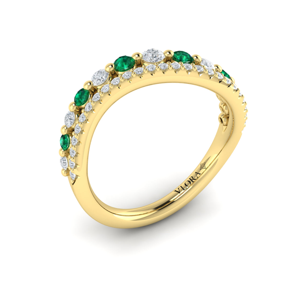Diamond and Emerald Two Row Curved Ring