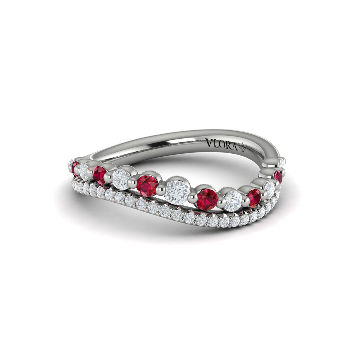 Diamond and Ruby Two Row Curved Ring