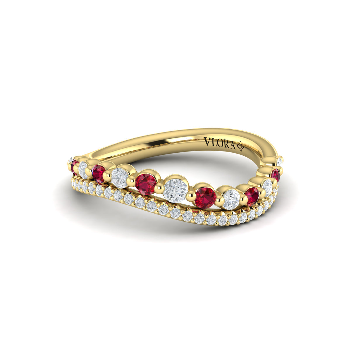 Diamond and Ruby Two Row Curved Ring