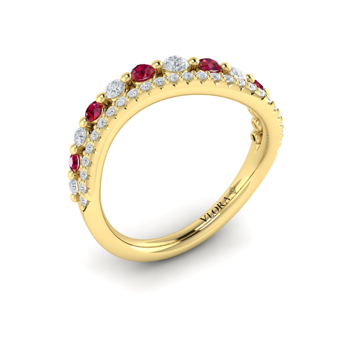 Diamond and Ruby Two Row Curved Ring
