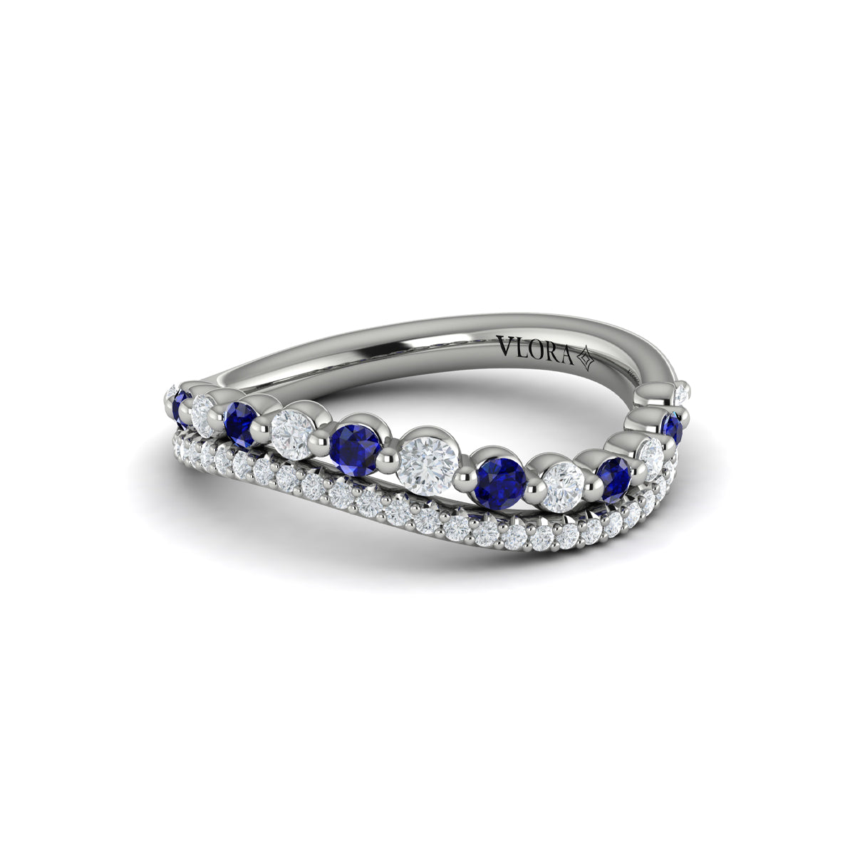 Diamond and Blue Sapphire Two Row Curved Ring