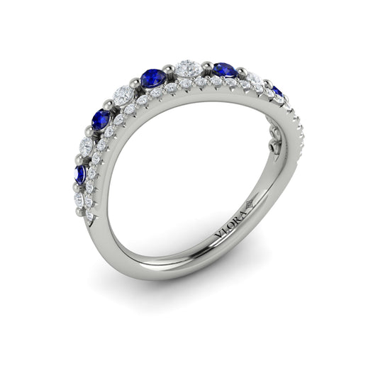 Diamond and Blue Sapphire Two Row Curved Ring