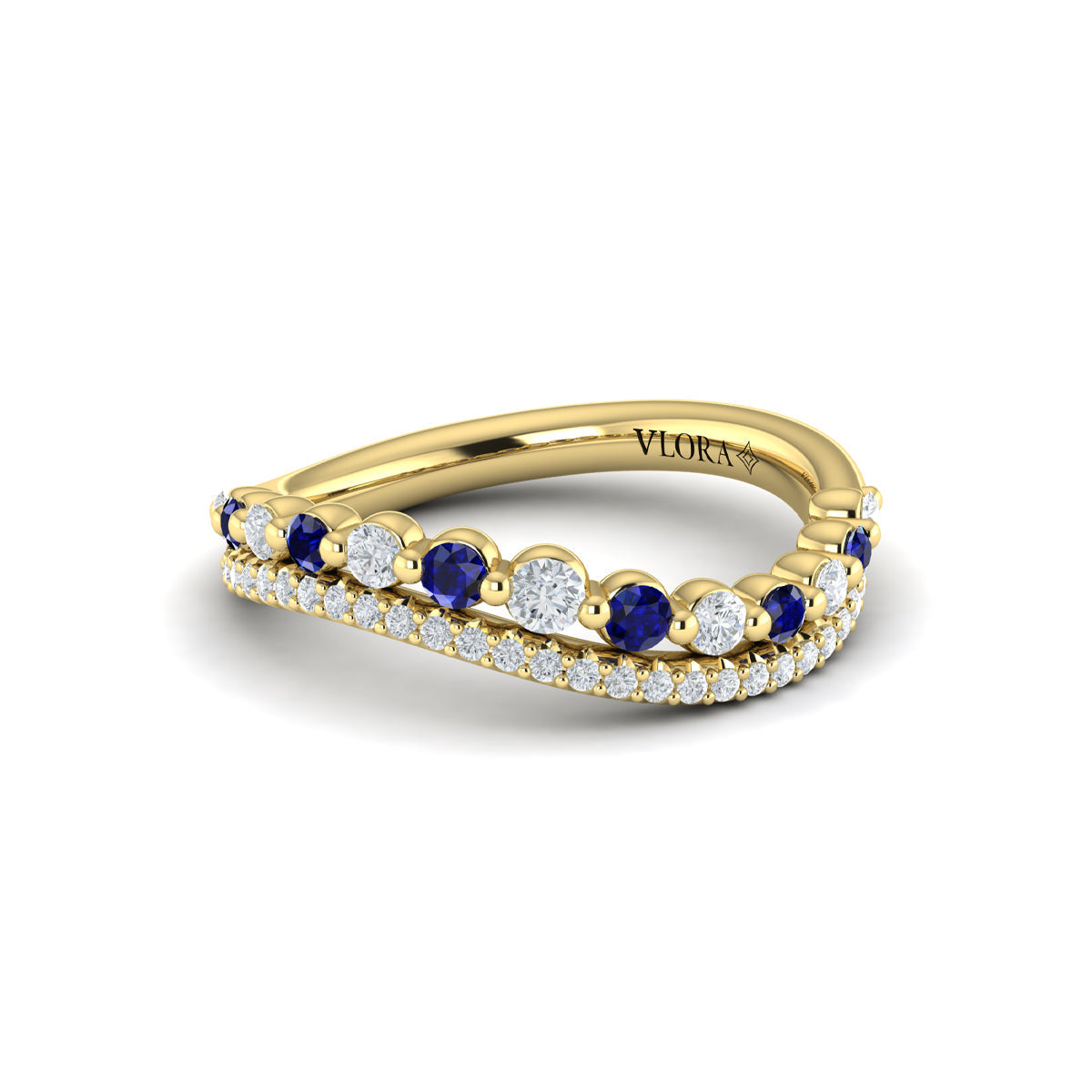 Diamond and Blue Sapphire Two Row Curved Ring