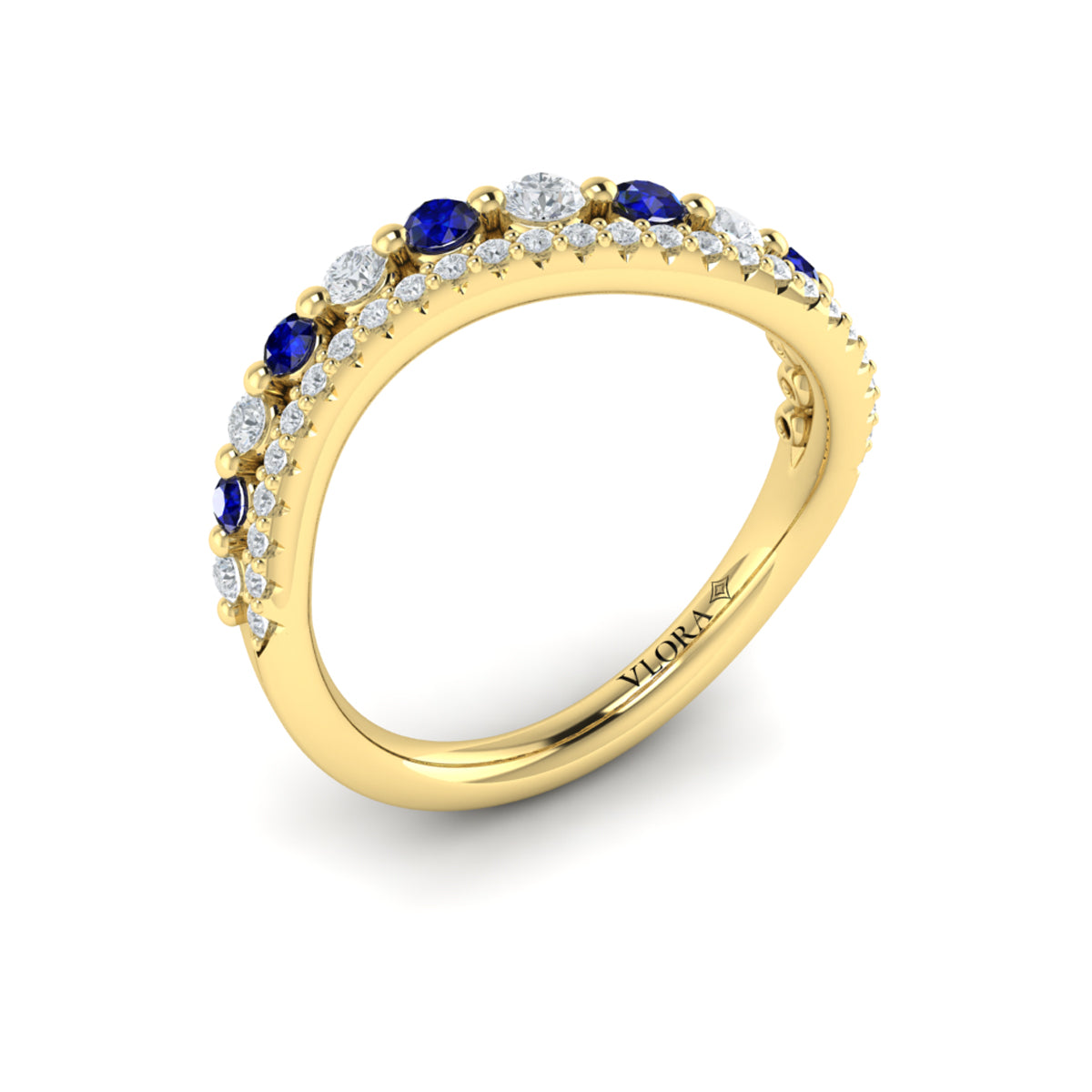 Diamond and Blue Sapphire Two Row Curved Ring