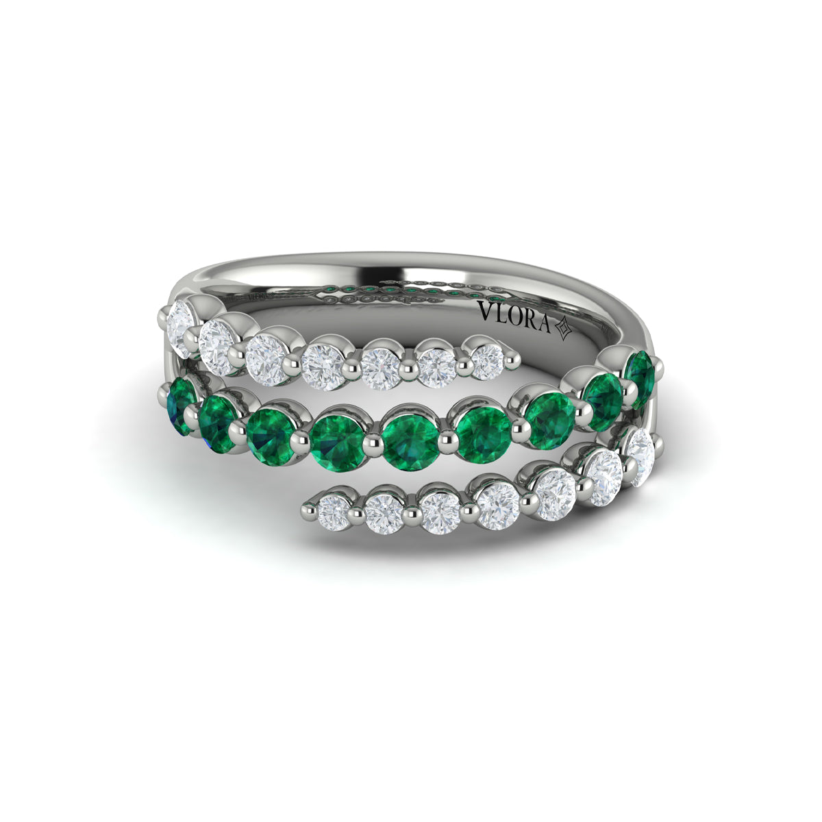 Diamond and Emerald Three Row Wrap Ring