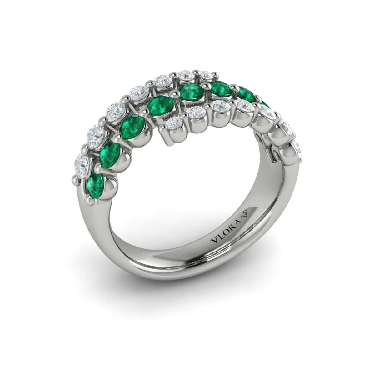 Diamond and Emerald Three Row Wrap Ring