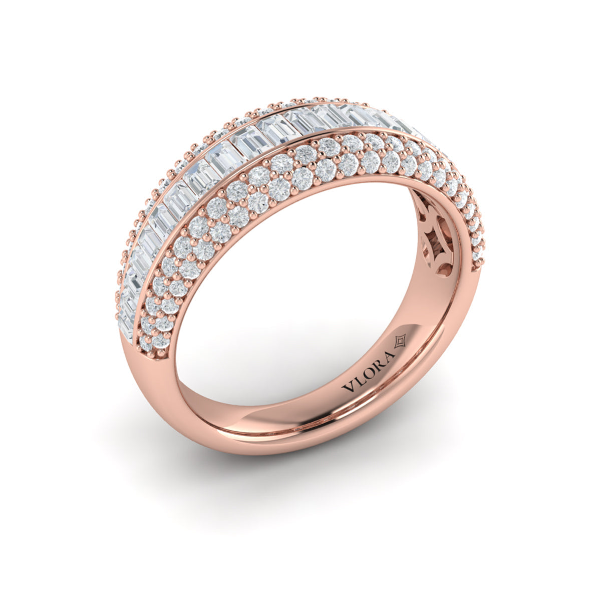 Multi Diamond Baguette and Round Two Row Diamond Ring