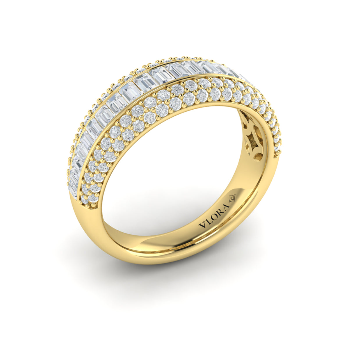 Multi Diamond Baguette and Round Two Row Diamond Ring