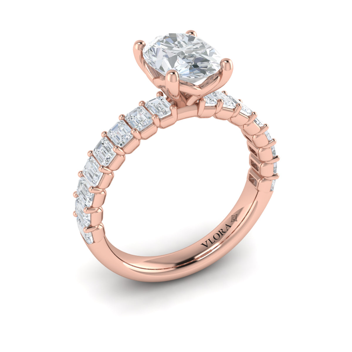 18kt Rose Gold Emerald Cut Oval Diamond Engagement Ring