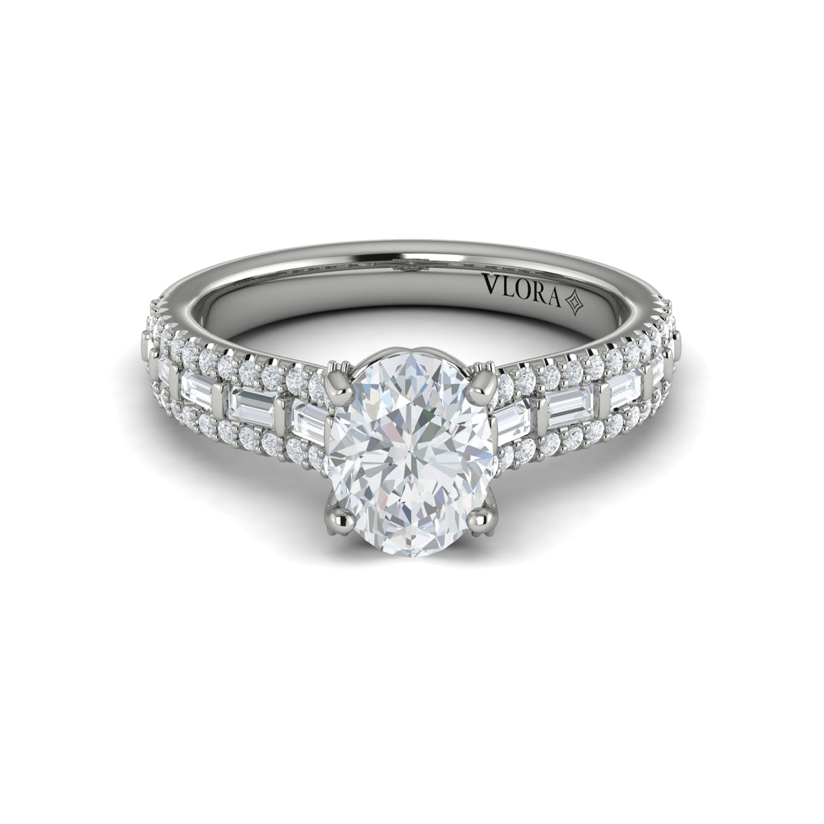 14K White Gold Oval & Emerald Cut Diamond Engagement Ring
