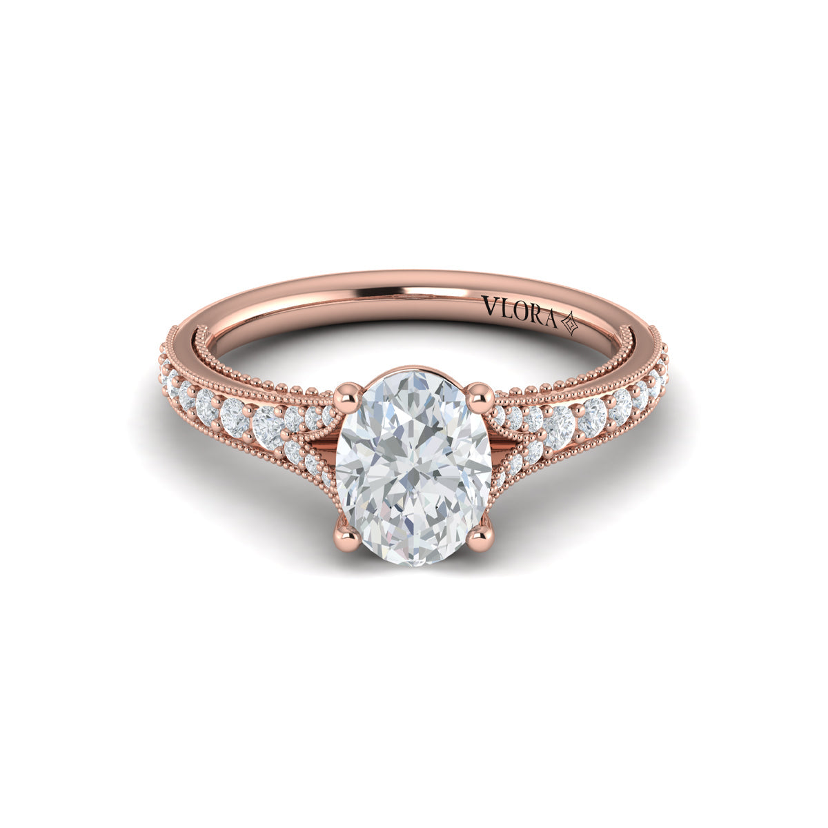18kt Rose Gold Oval Diamond Vintage Split Shank Ring