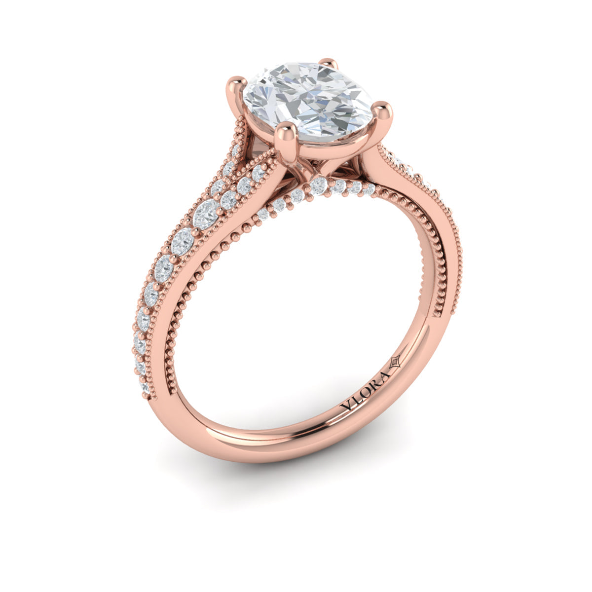 18kt Rose Gold Oval Diamond Vintage Split Shank Ring