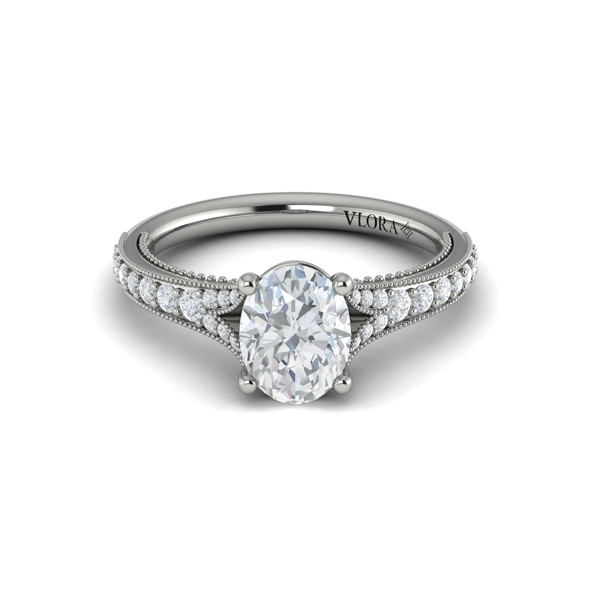 14K White Gold Oval Diamond Vintage Split Shank Ring