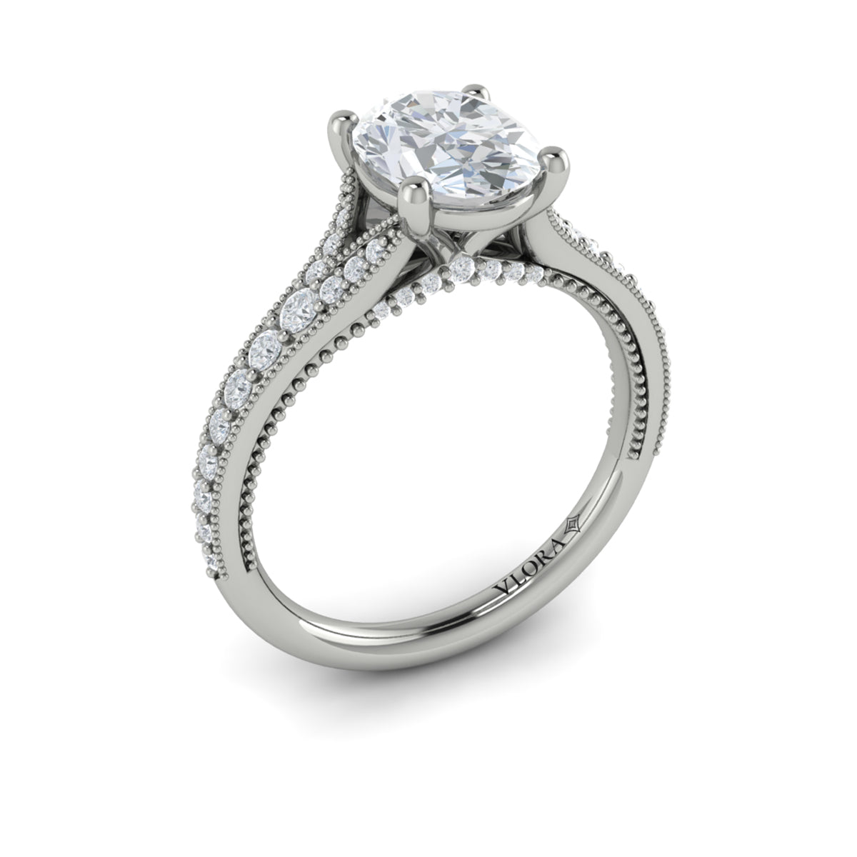 14K White Gold Oval Diamond Vintage Split Shank Ring