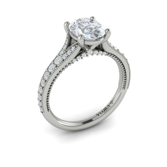 14K White Gold Oval Diamond Vintage Split Shank Ring