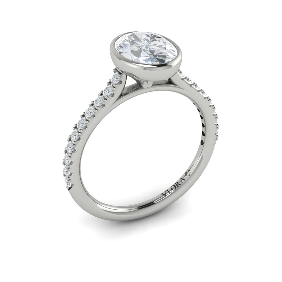 14K White Gold Oval Diamond Bezel Engagement Ring