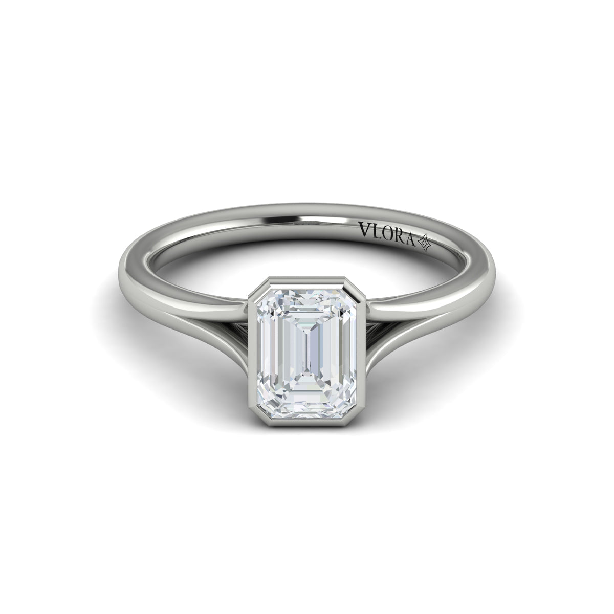 14K White Gold Emerald Cut Bezel Engagement Ring