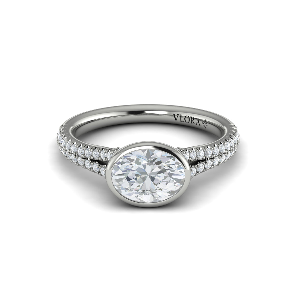 14K White Gold Oval Diamond Bezel Split Shank Ring
