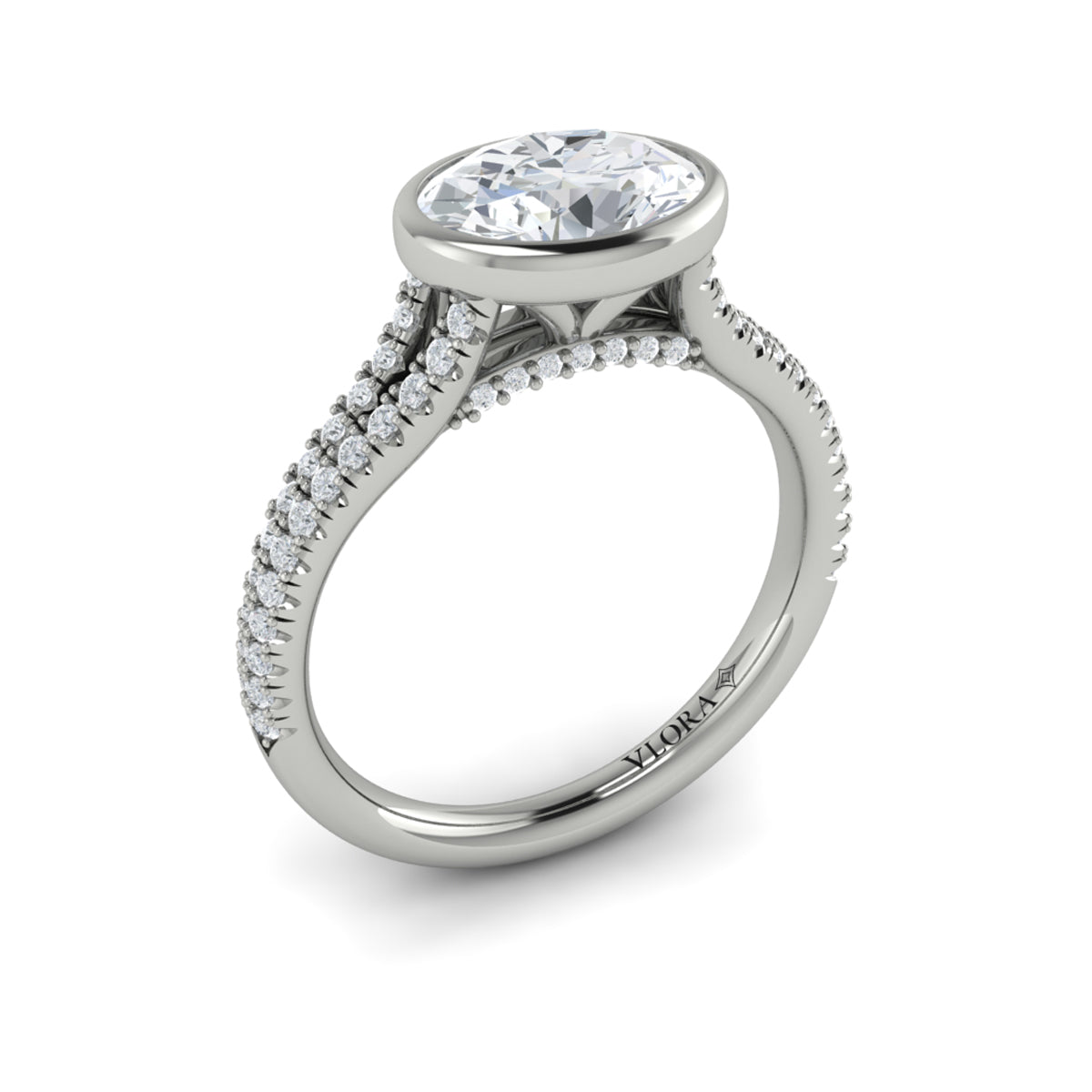 14K White Gold Oval Diamond Bezel Split Shank Ring