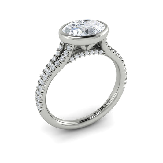 14K White Gold Oval Diamond Bezel Split Shank Ring