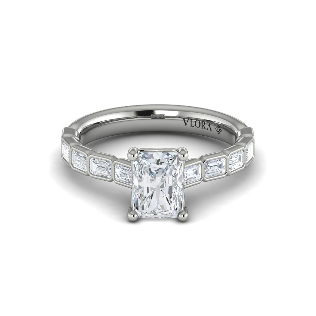 14K White Gold Emerald Cut Diamond Bezel Engagement Ring