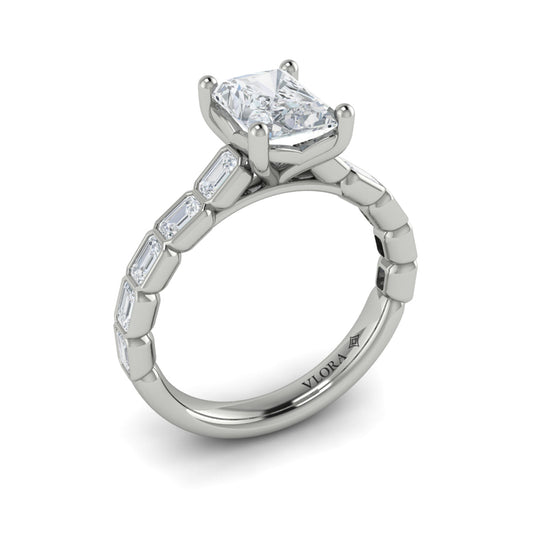 14K White Gold Emerald Cut Diamond Bezel Engagement Ring