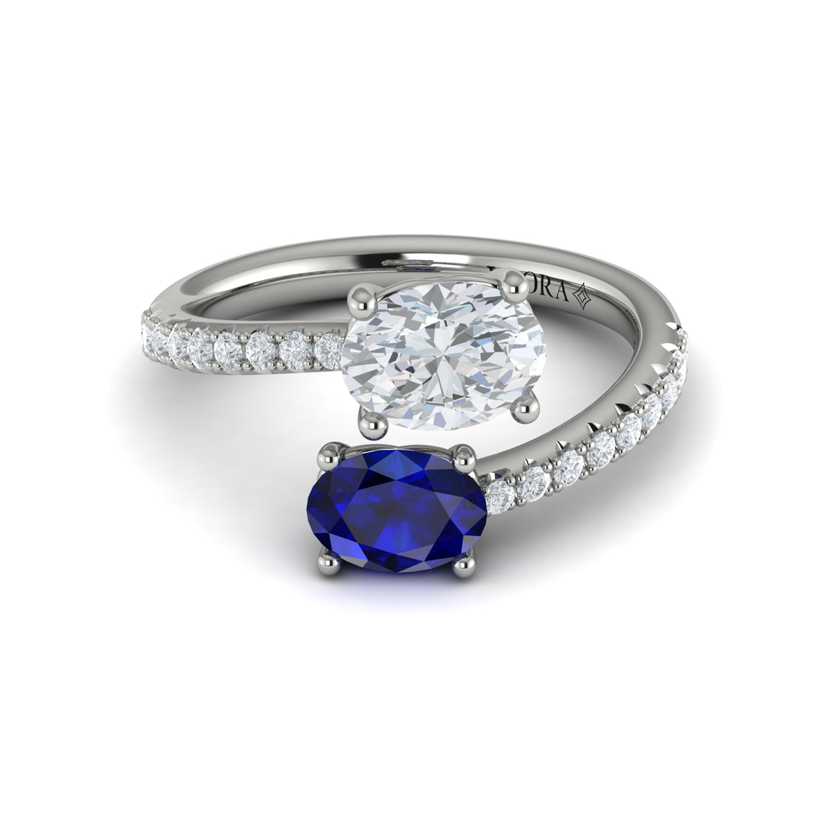 14K White Gold Sapphire Diamond Two-Stone Engagement Ring