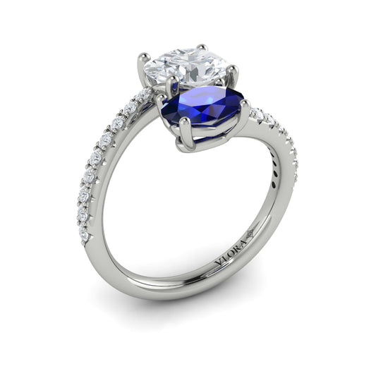 14K White Gold Sapphire Diamond Two-Stone Engagement Ring