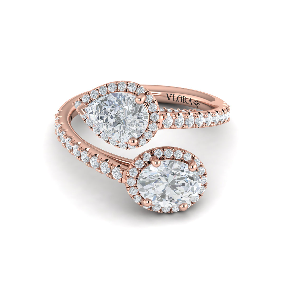 14K Rose Gold Oval Pear Diamond Toi et Moi Ring
