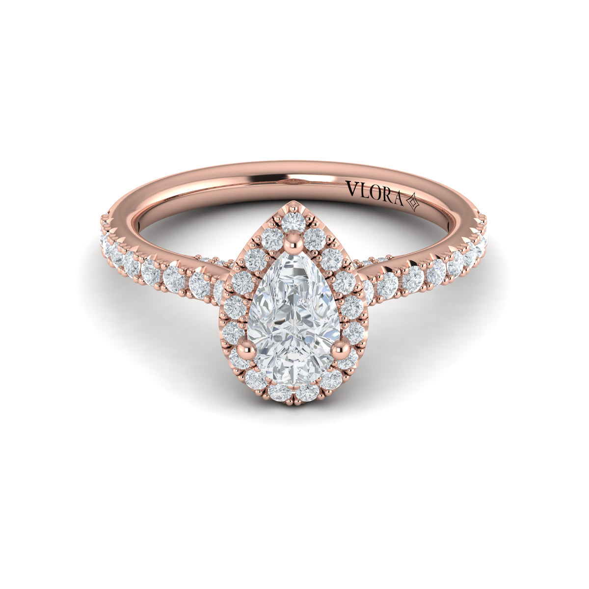 14K Rose Gold Pear Diamond Halo Engagement Ring