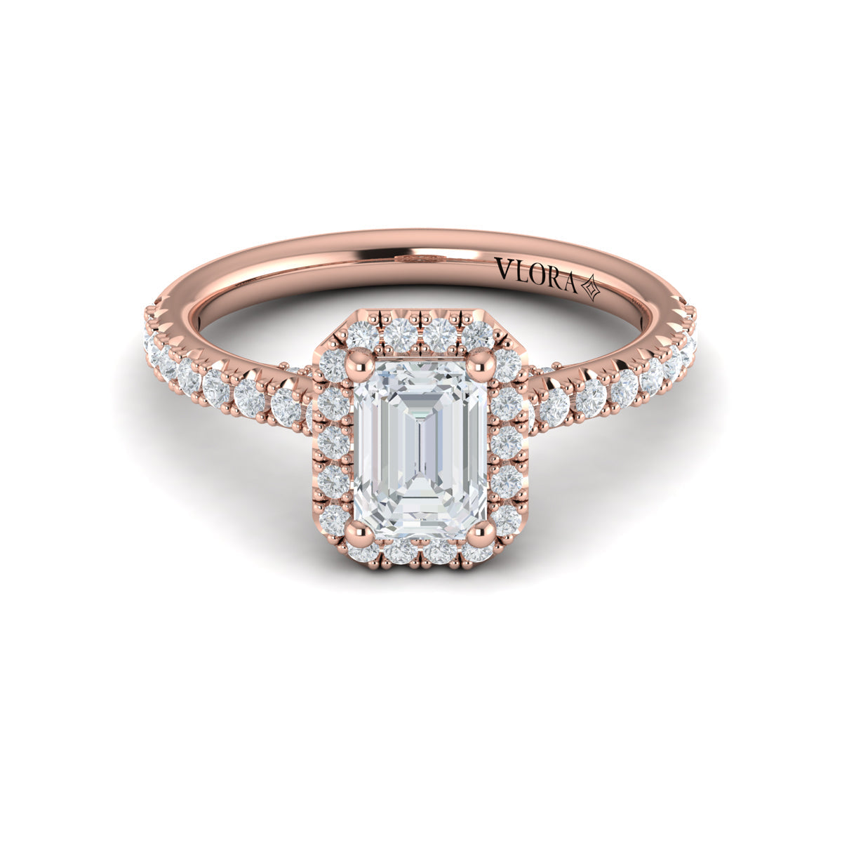 14K Rose Gold Emerald Cut Diamond Halo Engagement Ring