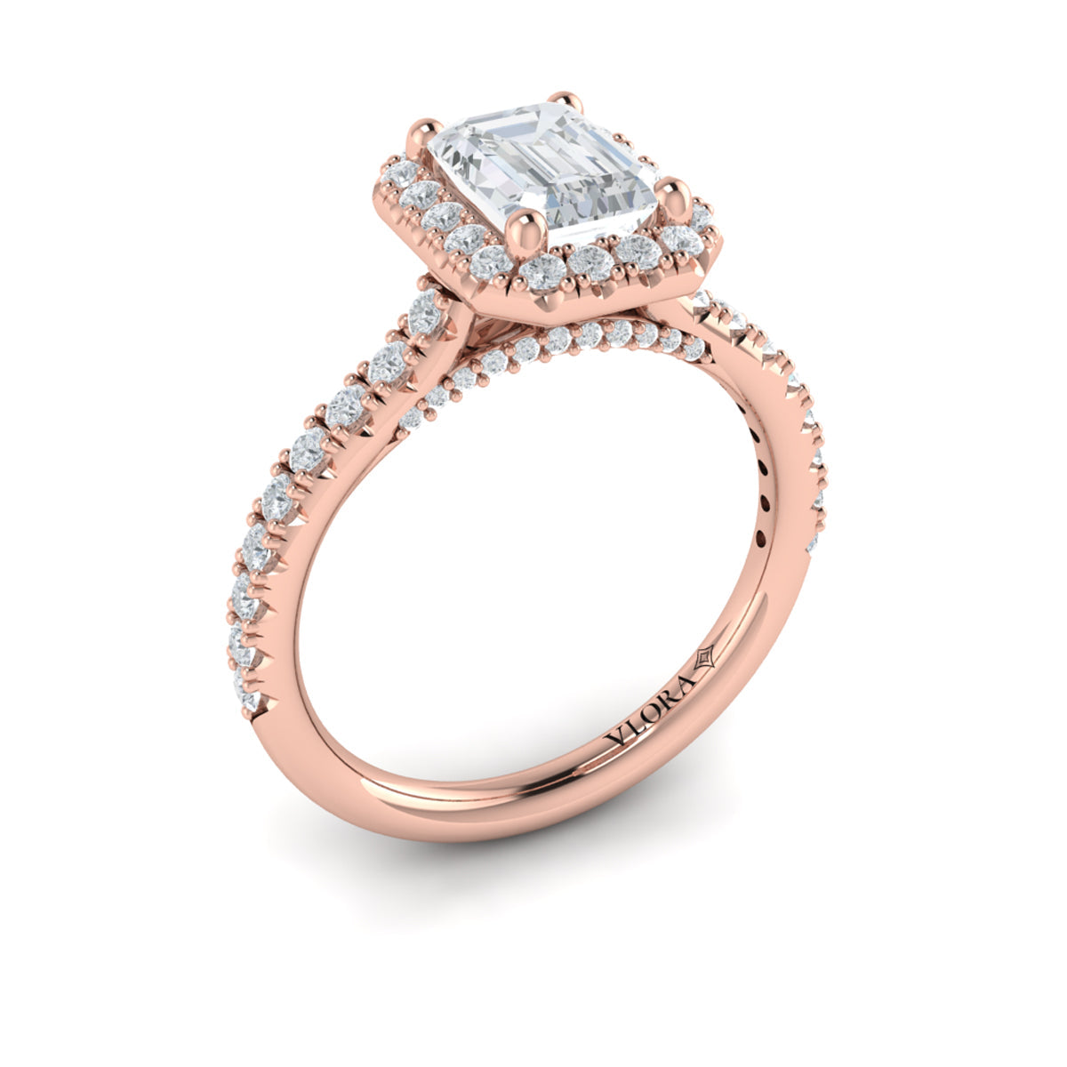 14K Rose Gold Emerald Cut Diamond Halo Engagement Ring