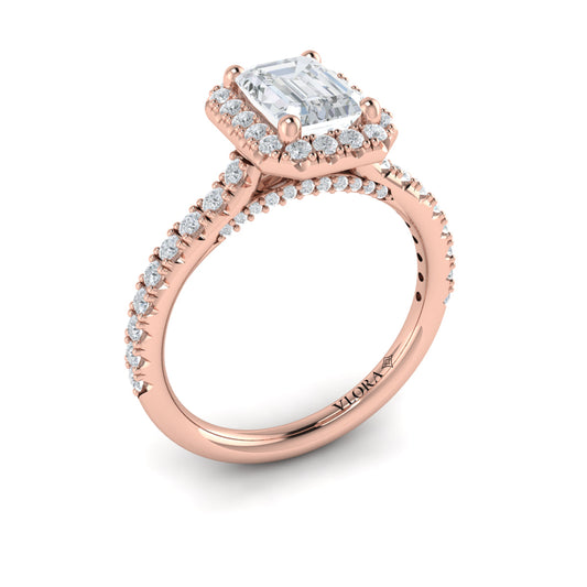 14K Rose Gold Emerald Cut Diamond Halo Engagement Ring