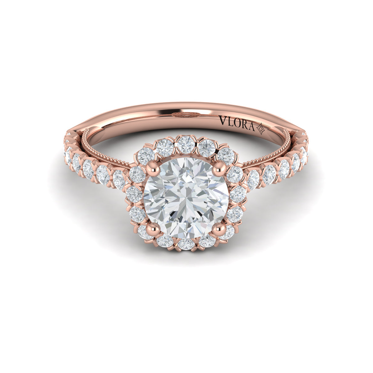 14K Rose Gold Floral Halo Round Diamond Engagement Ring