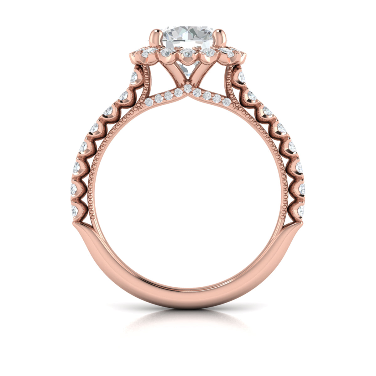 14K Rose Gold Floral Halo Round Diamond Engagement Ring