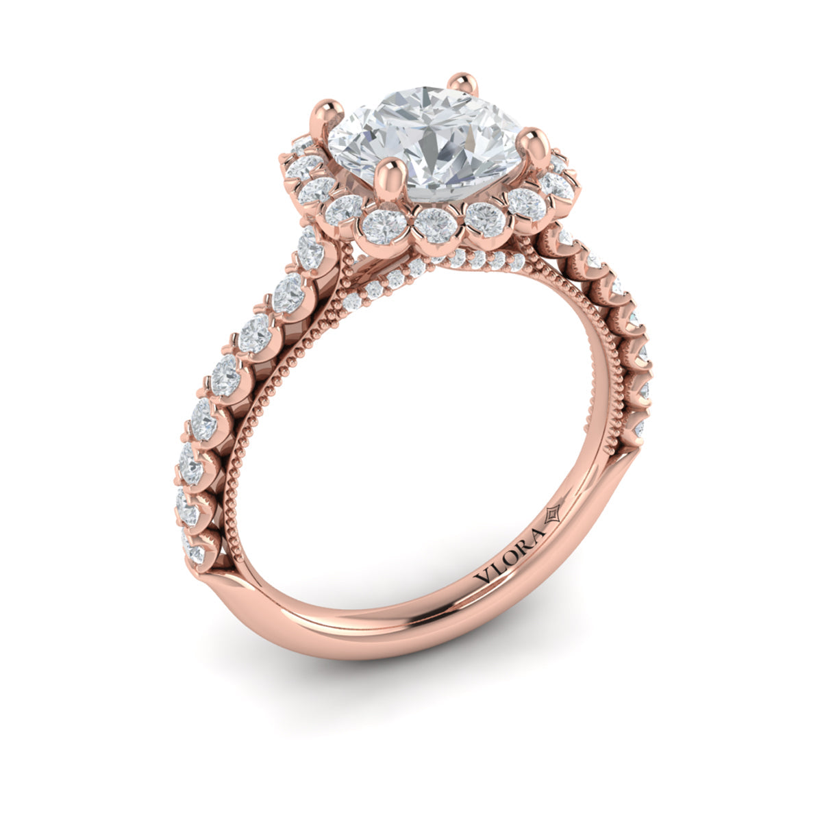 14K Rose Gold Floral Halo Round Diamond Engagement Ring