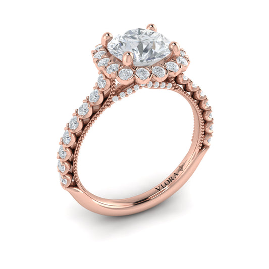 14K Rose Gold Floral Halo Round Diamond Engagement Ring