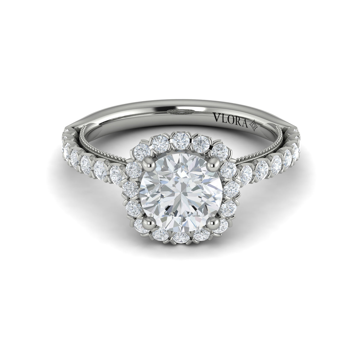 14kt White Gold Round Diamond Floral Halo Ring