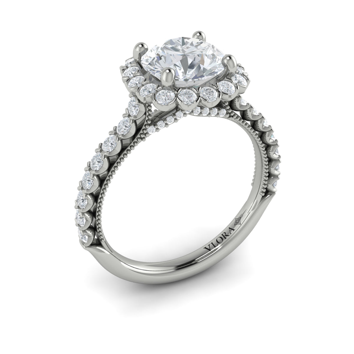 14kt White Gold Round Diamond Floral Halo Ring