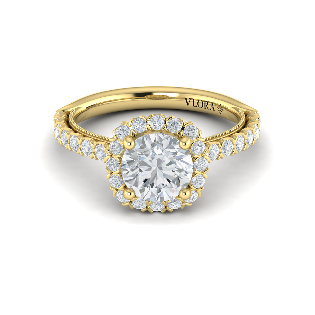18kt Yellow Gold Round Diamond Floral Halo Ring
