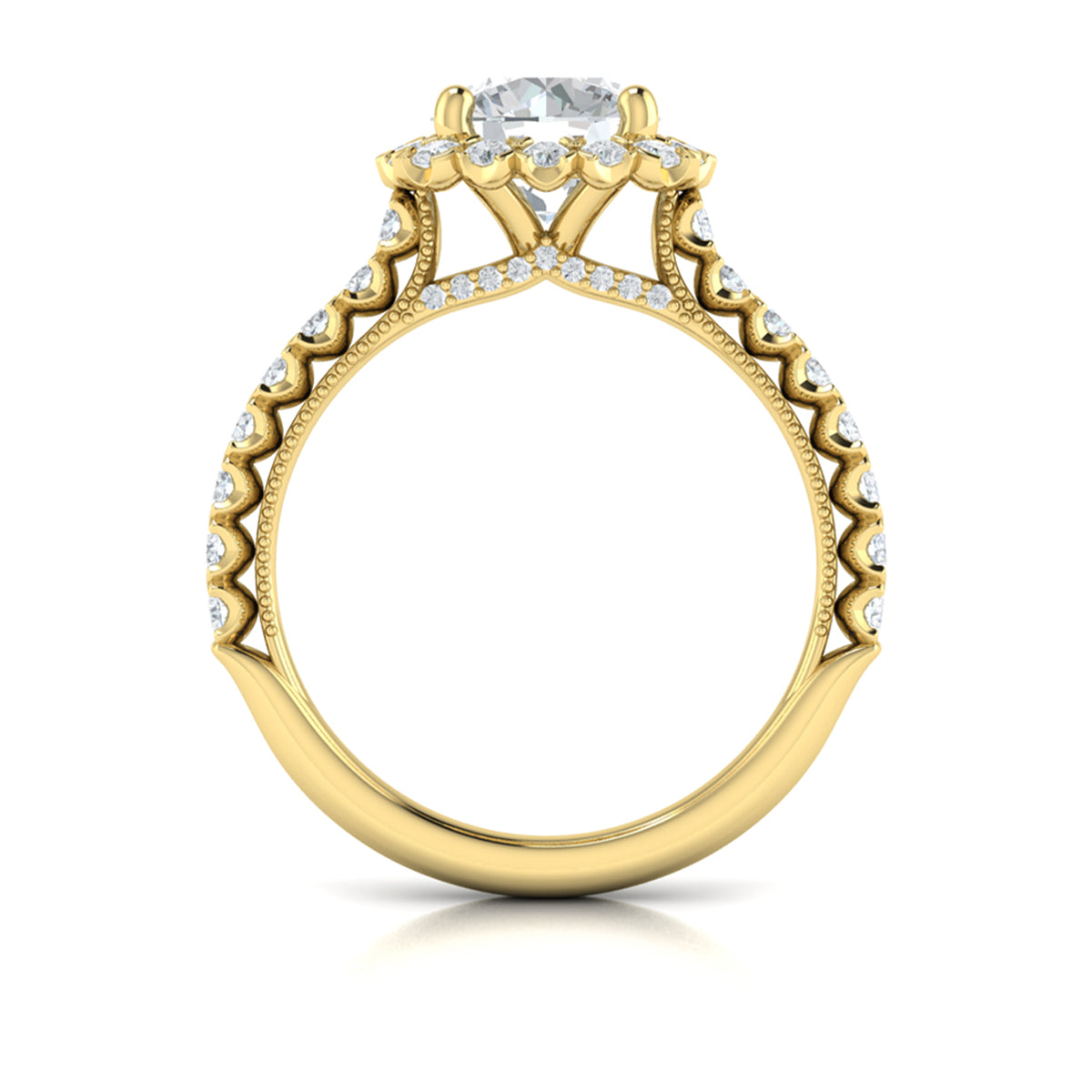 18kt Yellow Gold Round Diamond Floral Halo Ring