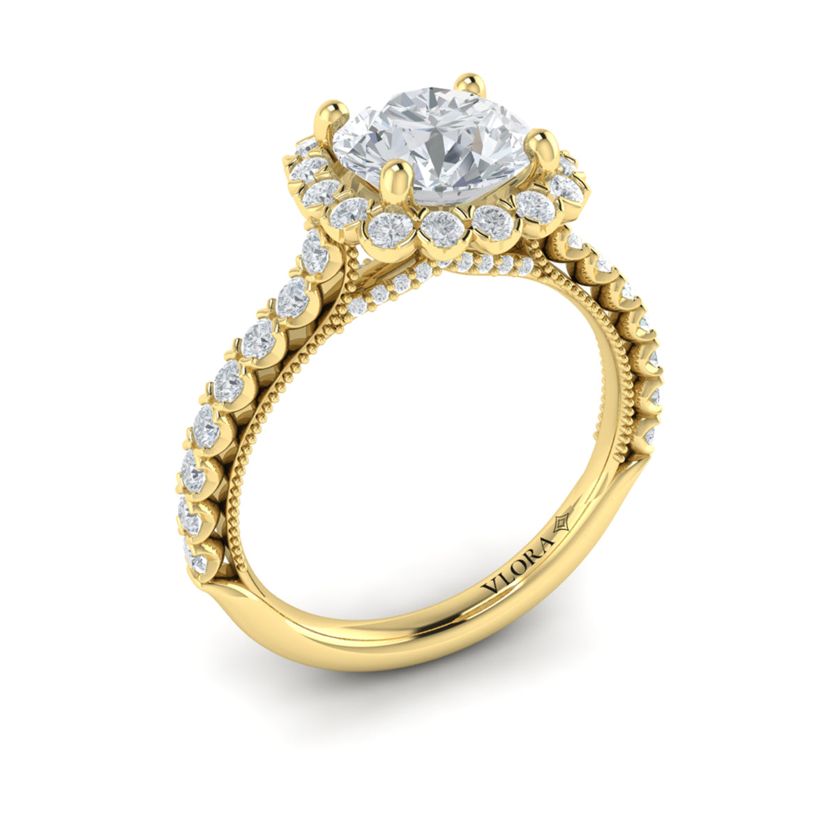 18kt Yellow Gold Round Diamond Floral Halo Ring