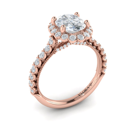 14K Rose Gold Oval Diamond Floral Halo Engagement Ring