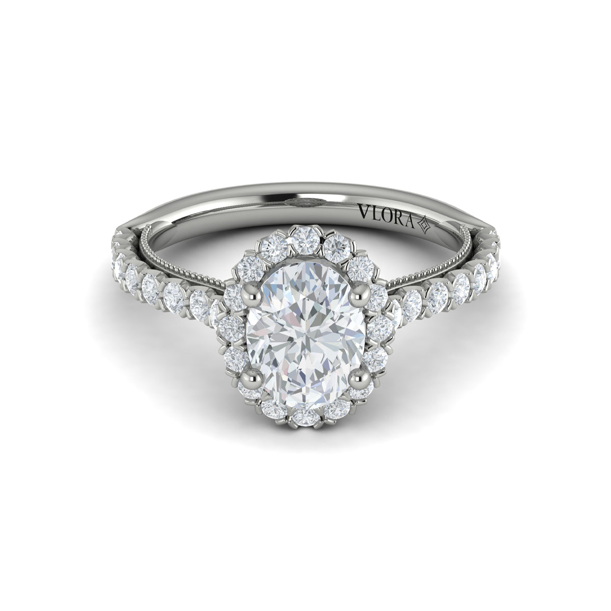 14kt White Gold Oval Diamond Floral Halo Ring