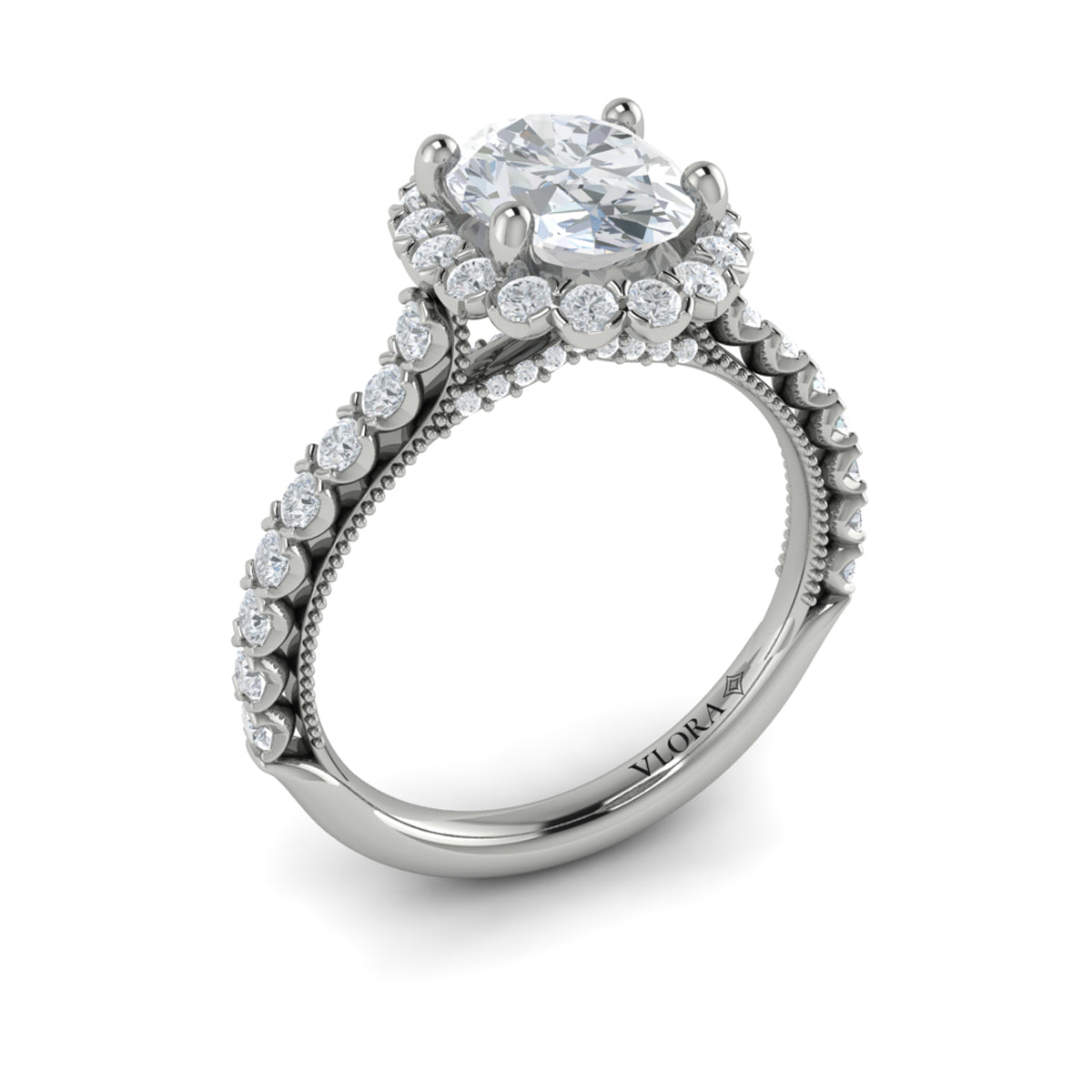 14kt White Gold Oval Diamond Floral Halo Ring