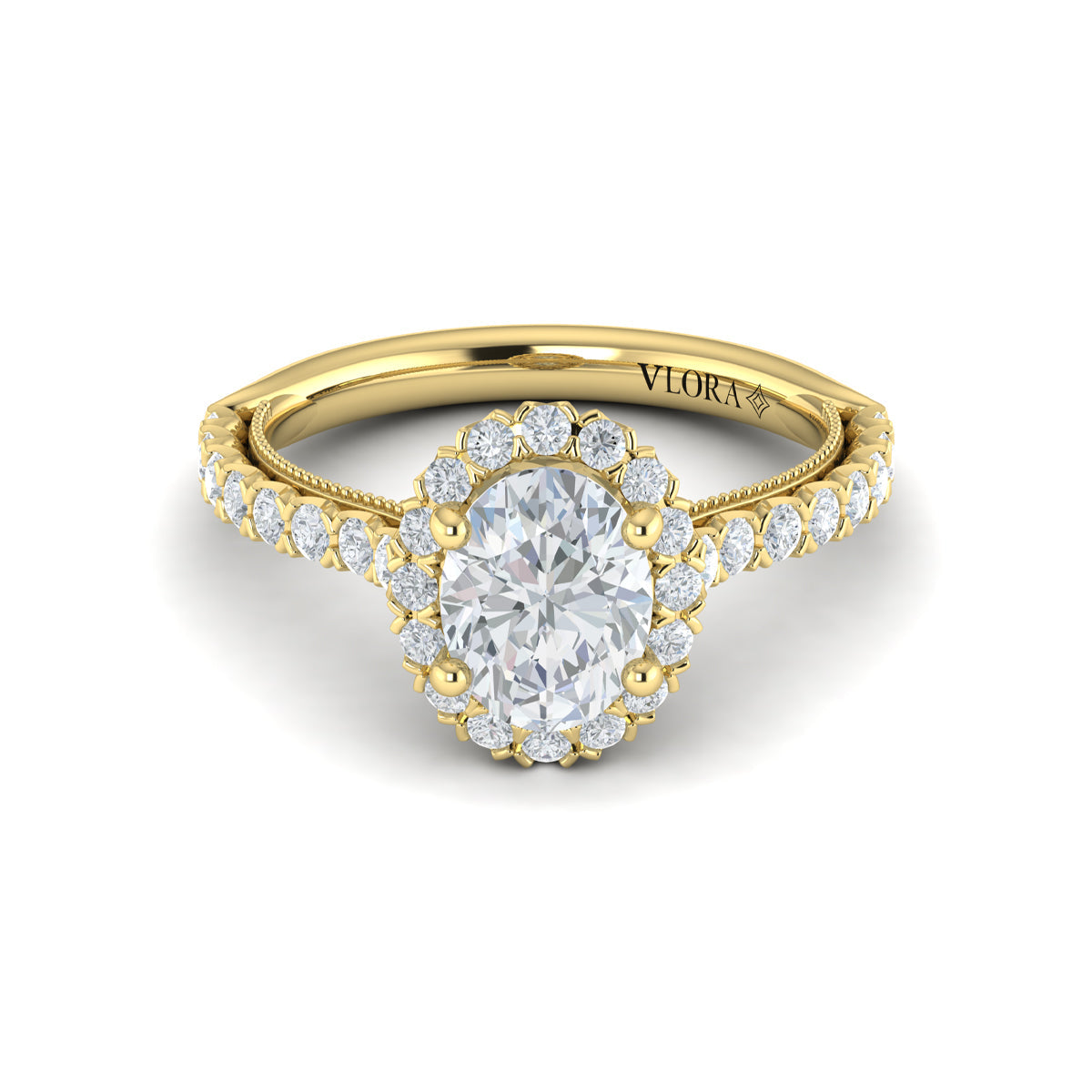 14kt Yellow Gold Oval Diamond Floral Halo Ring